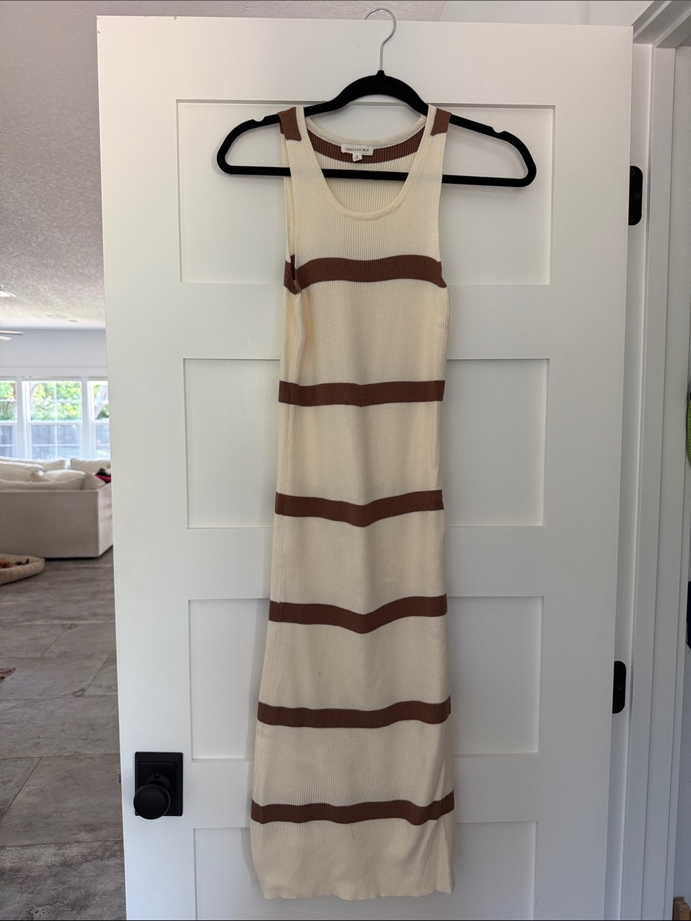 Sleeveless Cream and Brown Striped Knit Midi Dress